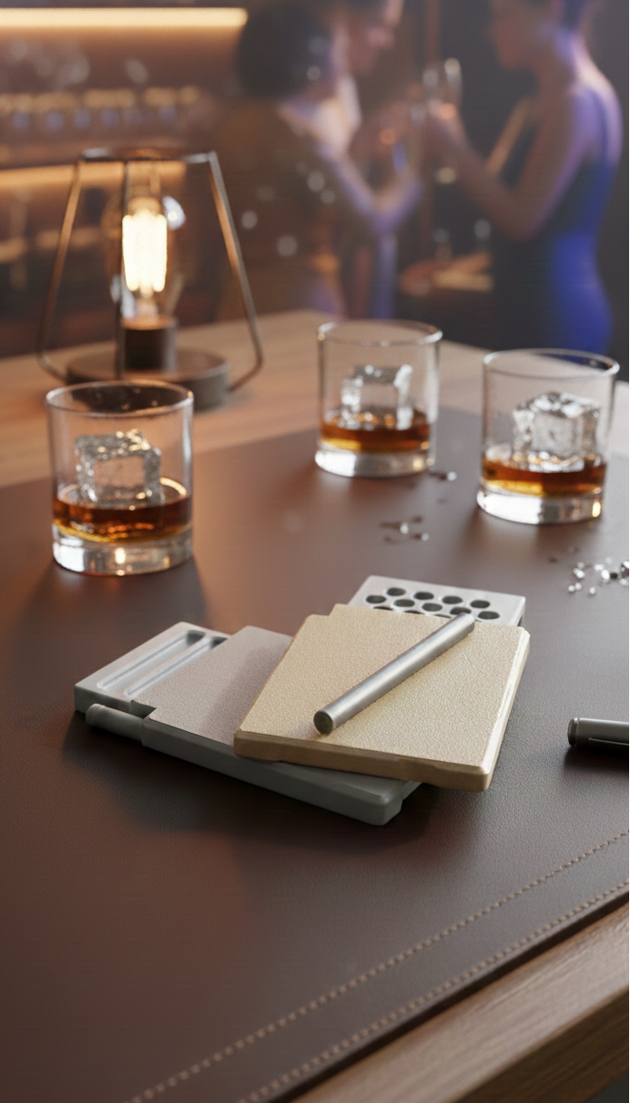 Three glasses of whiskey on a wooden table with a notepad and pen, blurred background