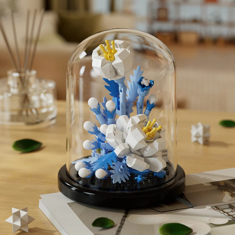 Blue and white coral reef eternal flower building block model in a glass dome