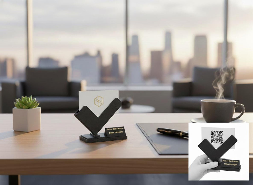 Luxury personalized business card holder on a modern executive desk with architectural 3D printed design.