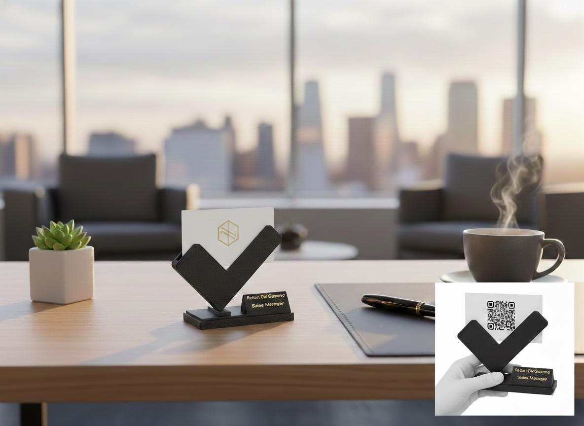 Luxury personalized business card holder on a modern executive desk with architectural 3D printed design.