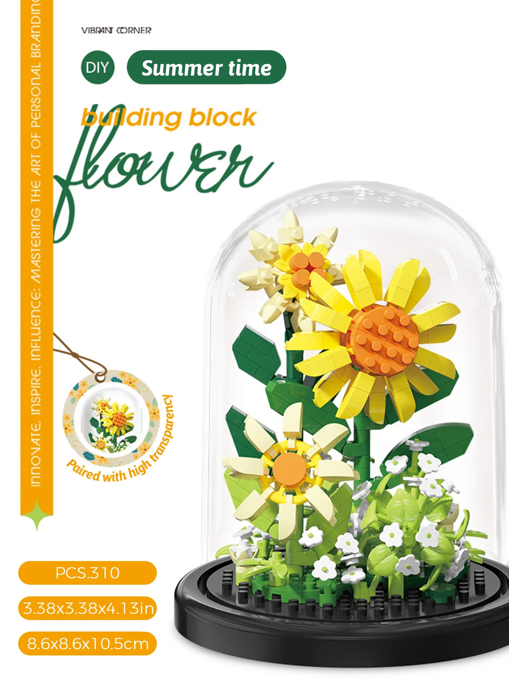 Eternal bouquet building block kit with sunflowers under a glass dome, packaging on the left