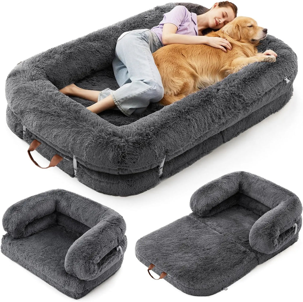 Grey faux fur CloudNest human dog bed with person and dog relaxing, showing collapsible orthopedic design in three views.