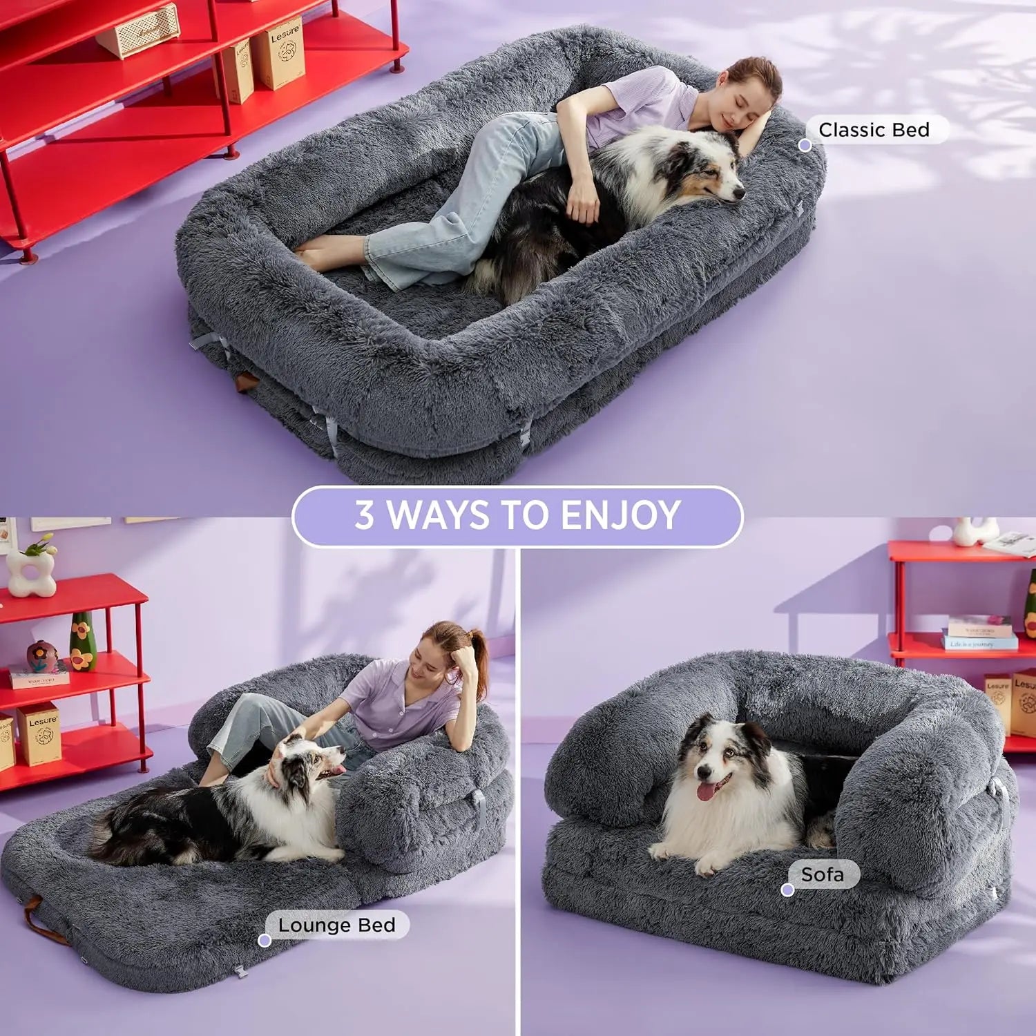 Grey faux fur CloudNest human dog bed showing 3 ways to enjoy (Classic Bed, Lounge Bed, Sofa) with person and dog.