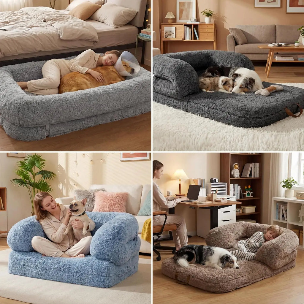 Collage showing people and dogs enjoying the CloudNest human dog bed in various home settings, highlighting its versatility and faux fur comfort.