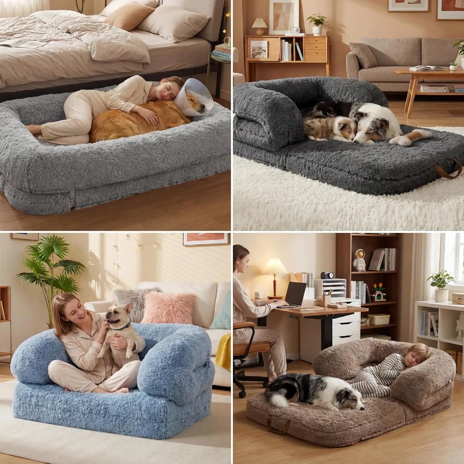 Collage showing people and dogs enjoying the CloudNest human dog bed in various home settings, highlighting its versatility and faux fur comfort.