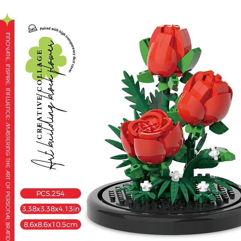 Red rose eternal bouquet building block kit with three flowers