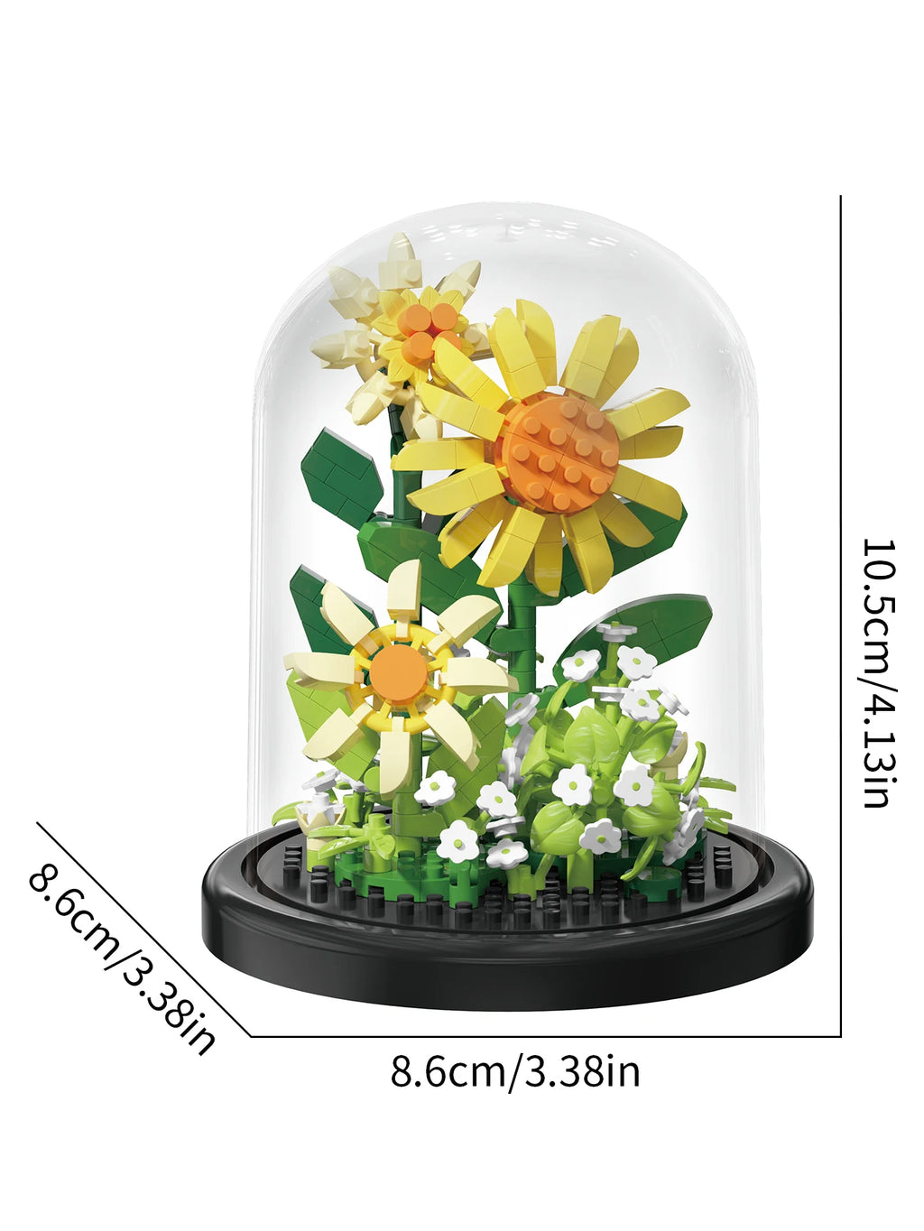 Yellow sunflower and daisy eternal bouquet building block kit in glass dome with measurements